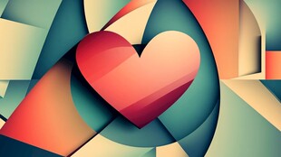 爱心在多彩几何图案中闪耀