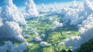 空中俯瞰绿野与云海