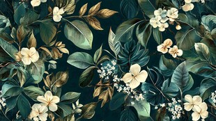 深绿背景上的花卉植物图案