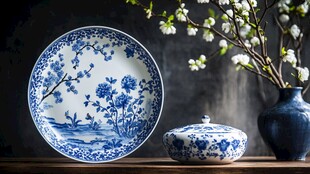 青花瓷盘与雅致摆件