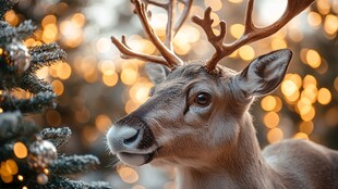 圣诞驯鹿伴树前灯光闪耀