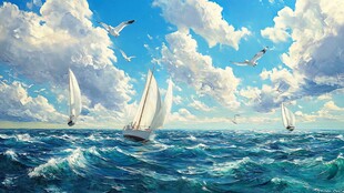 海上帆船伴飞鸟的壮阔图景