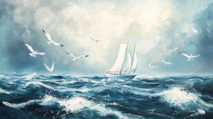 海上帆船伴海鸥逐浪