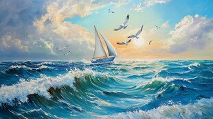 海上帆船伴飞鸟的壮丽景致