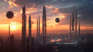 未来都市天际线与双球景观