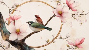 玉兰花枝上的双鸟美景