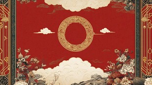 中式喜庆红底花鸟云纹图