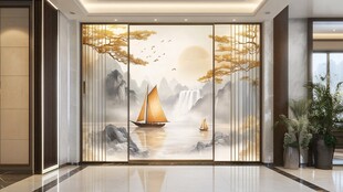 中式山水帆船玄关装饰画