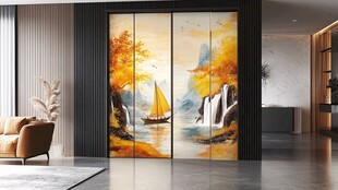 秋日山水艺术玻璃推拉门