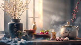 中式静物 茶韵与瓶花之美