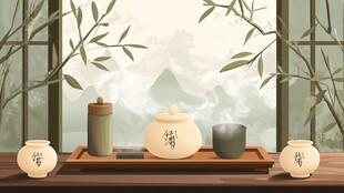 中式禅意茶室窗边茶具景致