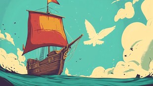 扬帆起航的奇幻海上船只