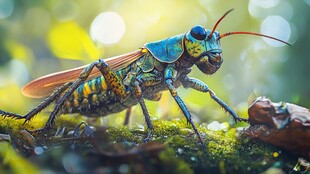 多彩蚂蚱栖息于翠绿苔藓间