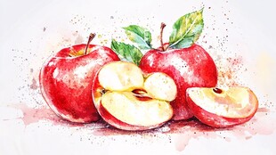 水彩绘红苹果及切片