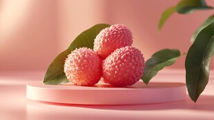 三颗鲜荔枝配翠绿叶片