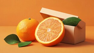橙色背景下的鲜橙与纸盒