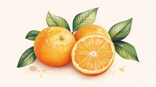 新鲜橙子与绿叶插画