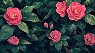 娇艳山茶花绽放绿叶间