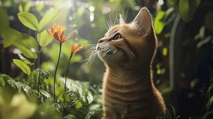小猫嗅闻花丛中的芬芳