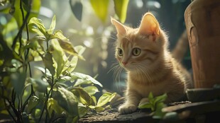 阳光下的橘猫与绿植