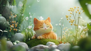 橘猫惬意躺卧花草间