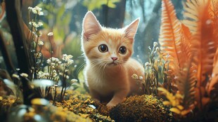 橘猫置身梦幻植物间