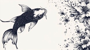 水墨锦鲤伴繁花