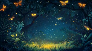 梦幻夏夜森林中的萤蝶飞舞