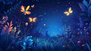 梦幻夜下花丛中的发光蝴蝶