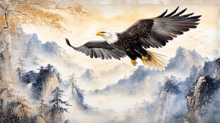 雄鹰翱翔于山水云雾间