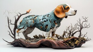 树叶拼贴的独特猎犬雕塑