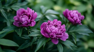 娇艳紫牡丹绽放绿叶间