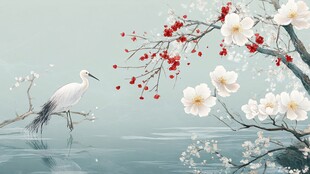 白鹭栖花畔 诗意水墨景
