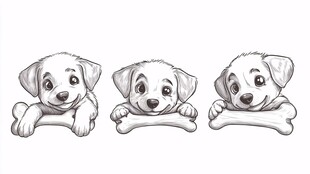 三只萌犬抱骨俏皮模样