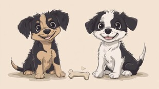 两只萌犬与骨头的温馨画面