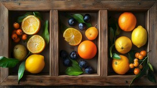 木盒中的缤纷柑橘与浆果