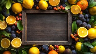 木框围簇的缤纷新鲜水果