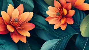 橙色花朵与绿叶美丽插画