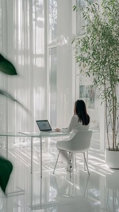 女子于明亮空间专注办公
