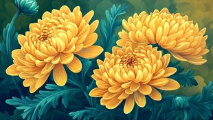 三朵金黄菊花绽放画面