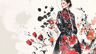 水墨花卉间的时尚女性