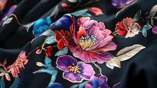 绚丽花卉印染黑色丝绸布料