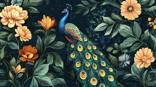 孔雀栖于繁花绿叶间