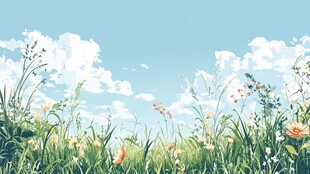 春日草地蓝天花卉美景