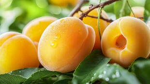 鲜嫩黄杏带露挂于枝头