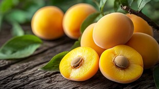 新鲜黄杏摆于古朴木面