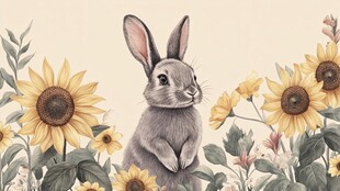 兔立花丛间 清新自然风