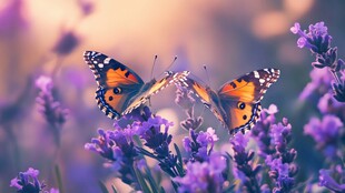 双蝶栖于紫花丛中