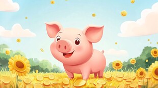 小猪站在金币与向日葵田中