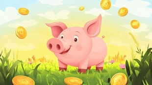 小猪站在金币纷飞的草地上